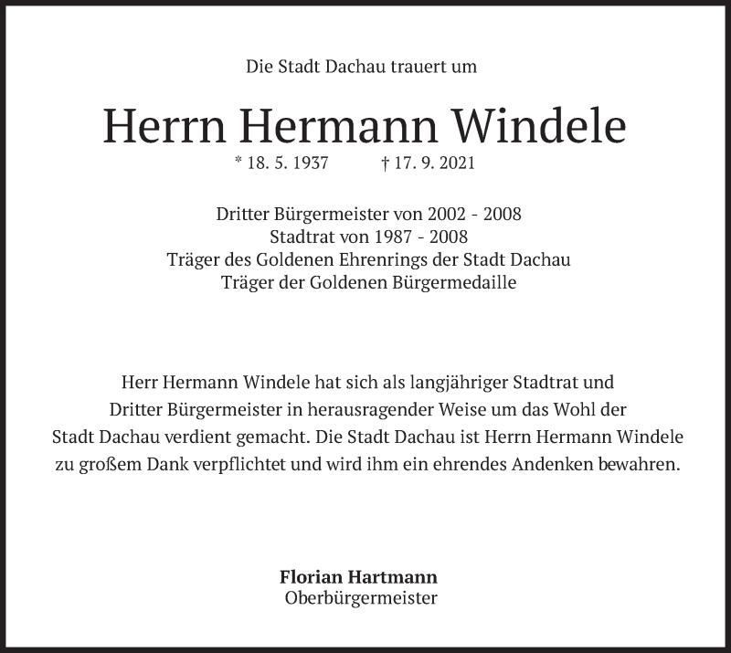  Traueranzeige für Hermann Windele vom 22.09.2021 aus merkurtz