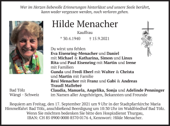 Traueranzeige von Hilde Menacher von merkurtz