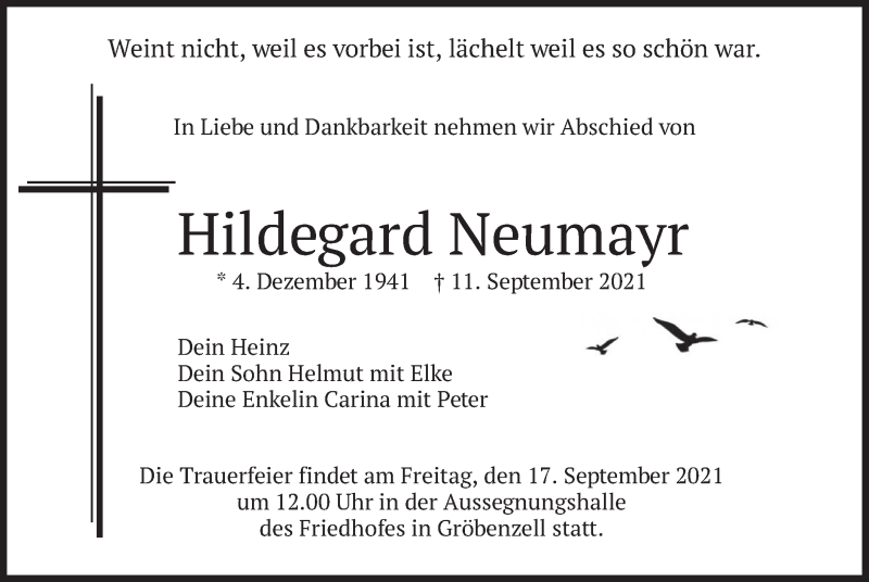 Traueranzeige für Hildegard Neumayr vom 15.09.2021 aus merkurtz