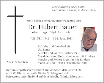 Traueranzeige von Hubert Bauer von merkurtz