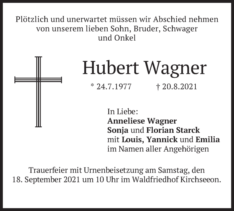  Traueranzeige für Hubert Wagner vom 11.09.2021 aus merkurtz
