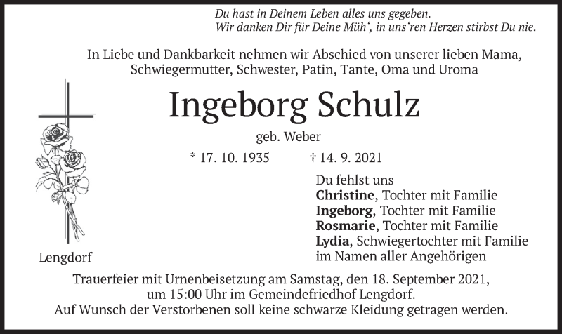  Traueranzeige für Ingeborg Schulz vom 16.09.2021 aus merkurtz