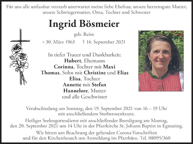  Traueranzeige für Ingrid Bösmeier vom 18.09.2021 aus merkurtz