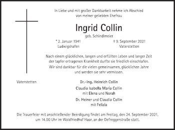 Traueranzeige von Ingrid Collin von merkurtz