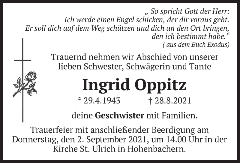  Traueranzeige für Ingrid Oppitz vom 01.09.2021 aus merkurtz