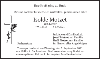 Traueranzeige von Isolde Motzet von merkurtz