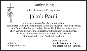 Traueranzeige von Jakob Pauli von merkurtz