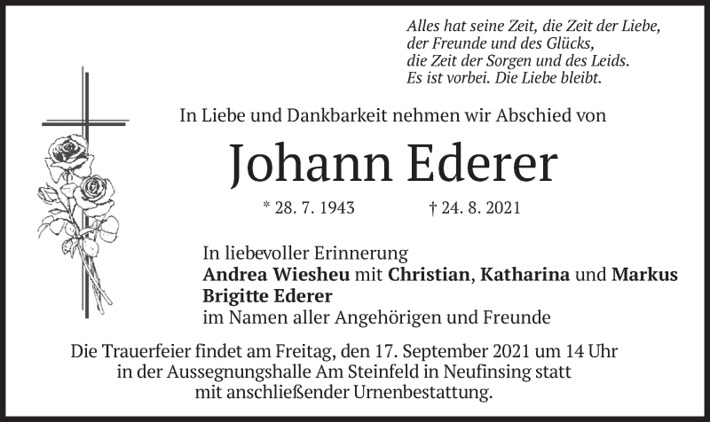  Traueranzeige für Johann Ederer vom 04.09.2021 aus merkurtz