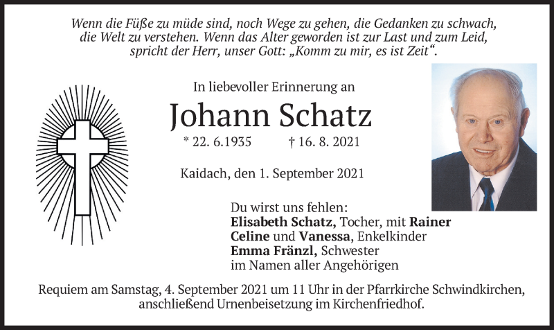  Traueranzeige für Johann Schatz vom 01.09.2021 aus merkurtz