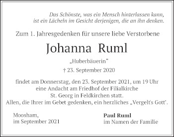 Traueranzeige von Johanna Ruml von merkurtz