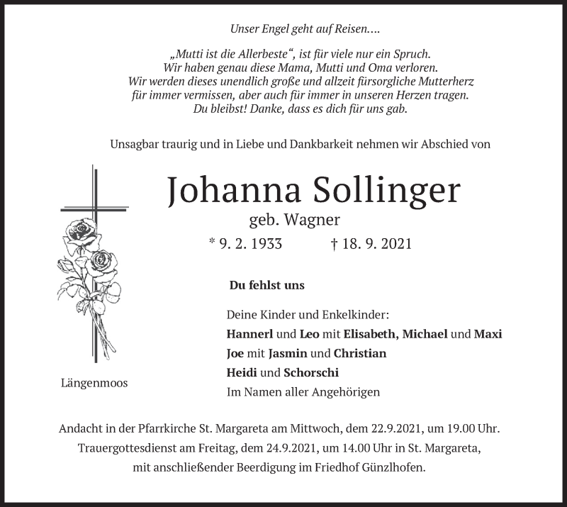  Traueranzeige für Johanna Sollinger vom 22.09.2021 aus merkurtz