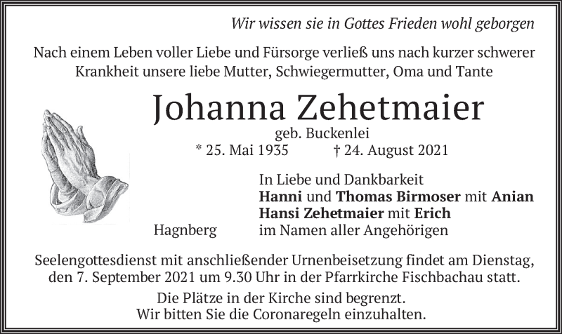  Traueranzeige für Johanna Zehetmaier vom 04.09.2021 aus merkurtz