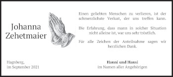 Traueranzeige von Johanna Zehetmaier von merkurtz