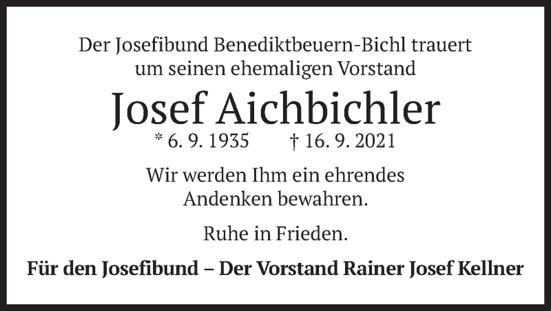  Traueranzeige für Josef Aichbichler vom 23.09.2021 aus merkurtz