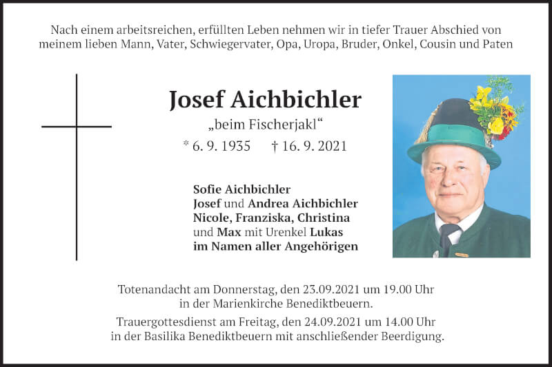  Traueranzeige für Josef Aichbichler vom 18.09.2021 aus merkurtz
