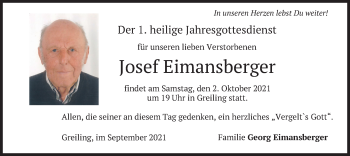 Traueranzeige von Josef Eimansberger von merkurtz