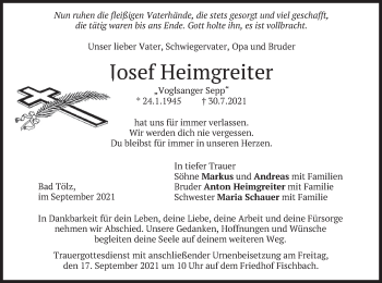 Traueranzeige von Josef Heimgreiter von merkurtz