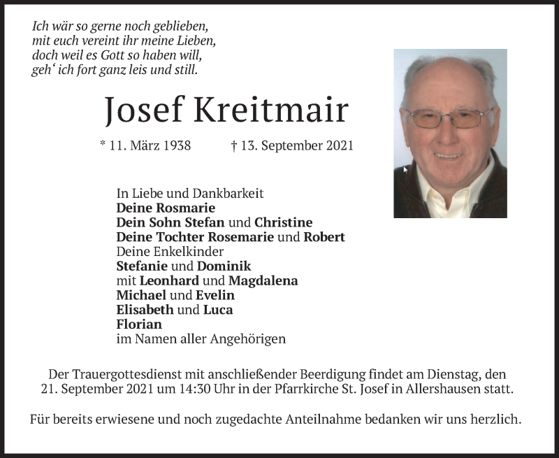  Traueranzeige für Josef Kreitmair vom 16.09.2021 aus merkurtz