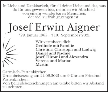 Traueranzeige von Josef Erwin Aigner von merkurtz