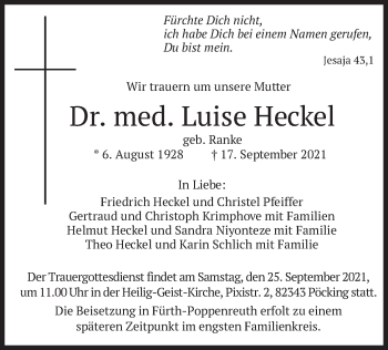 Traueranzeige von Luise Heckel von merkurtz