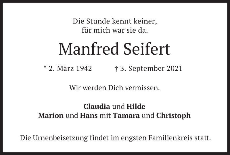  Traueranzeige für Manfred Seifert vom 11.09.2021 aus merkurtz