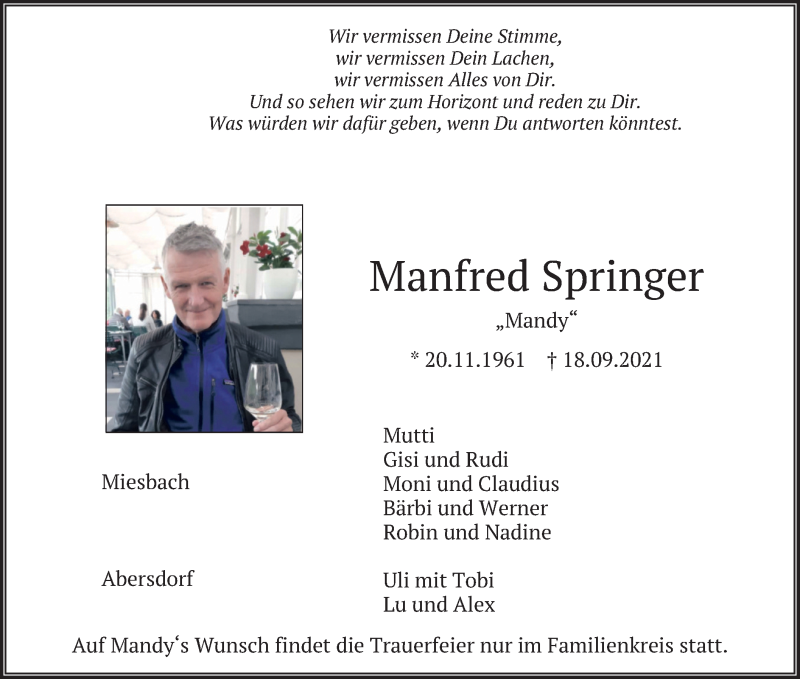  Traueranzeige für Manfred Springer vom 25.09.2021 aus merkurtz