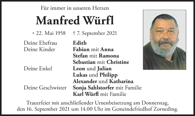  Traueranzeige für Manfred Würfl vom 11.09.2021 aus merkurtz
