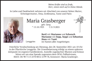 Traueranzeige von Maria Grasberger von merkurtz