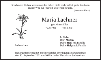 Traueranzeige von Maria Lachner von merkurtz