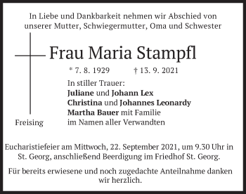 Traueranzeige von Maria Stampfl von merkurtz