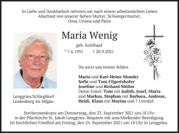 Traueranzeige von Maria Wenig von merkurtz
