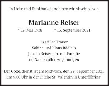 Traueranzeige von Marianne Reiser von merkurtz