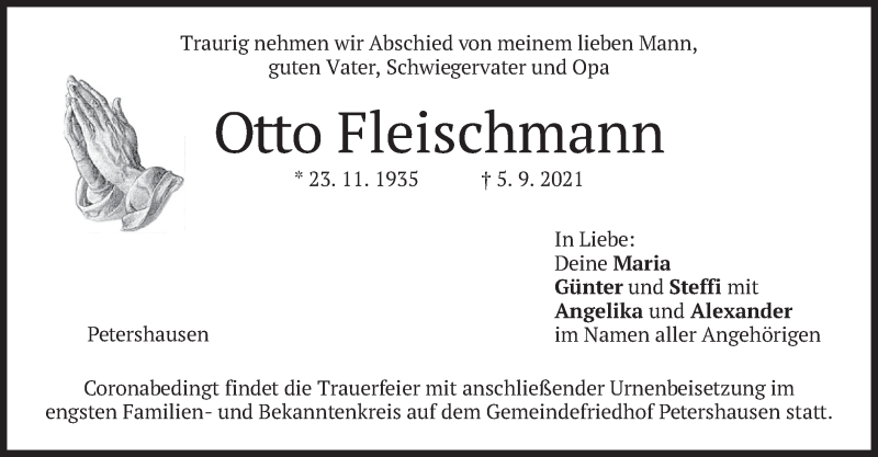  Traueranzeige für Otto Fleischmann vom 11.09.2021 aus merkurtz