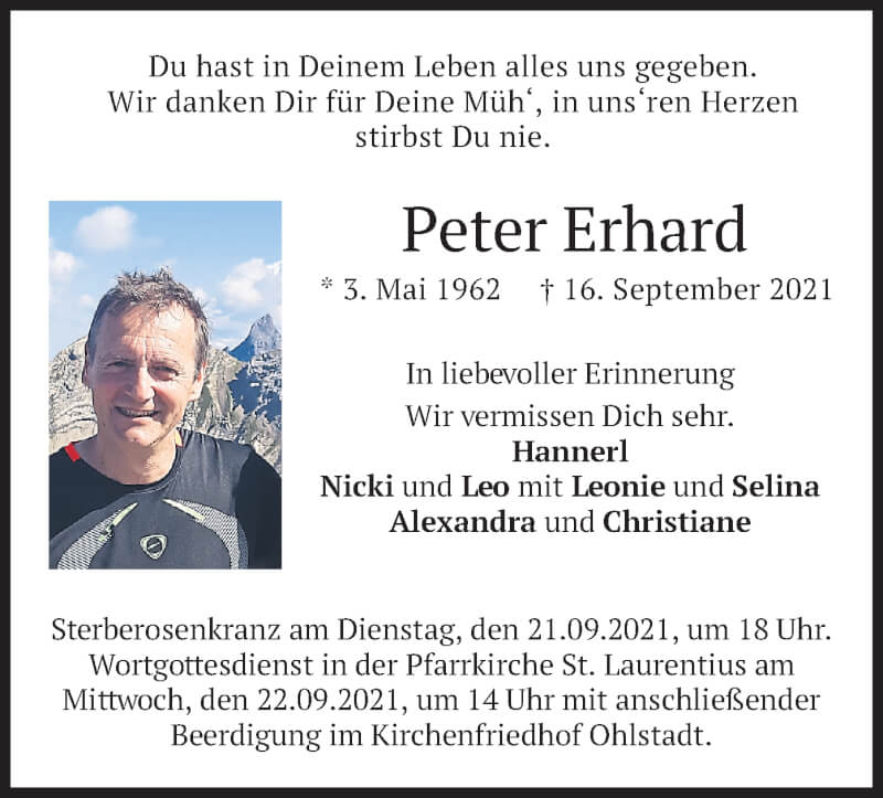  Traueranzeige für Peter Erhard vom 20.09.2021 aus merkurtz