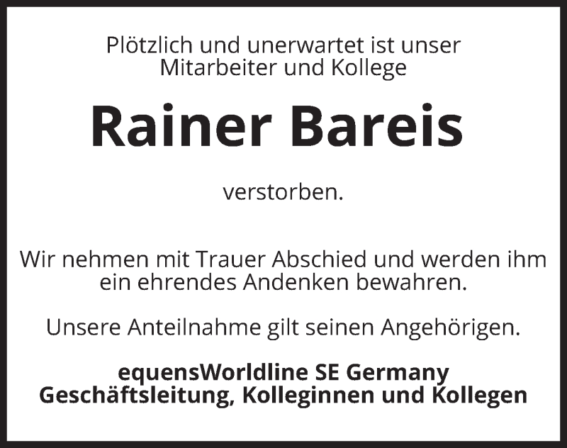  Traueranzeige für Rainer Bareis vom 15.09.2021 aus merkurtz