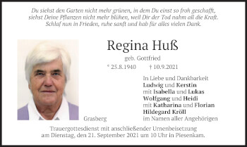 Traueranzeige von Regina Huß von merkurtz