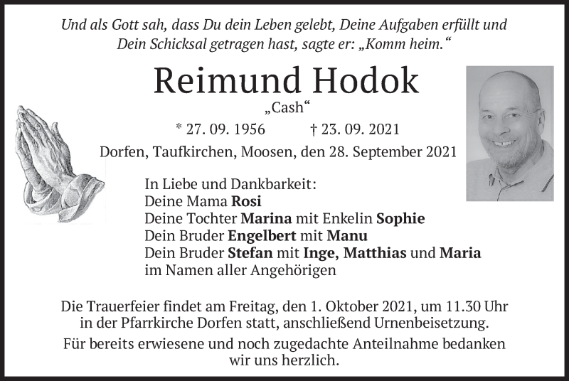  Traueranzeige für Reimund Hodok vom 28.09.2021 aus merkurtz