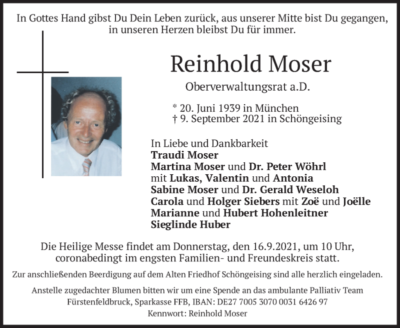  Traueranzeige für Reinhold Moser vom 14.09.2021 aus merkurtz