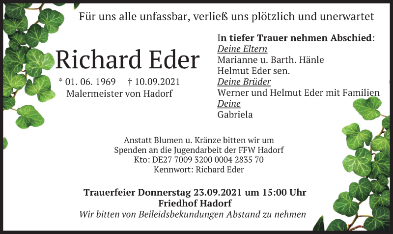  Traueranzeige für Richard Eder vom 21.09.2021 aus merkurtz