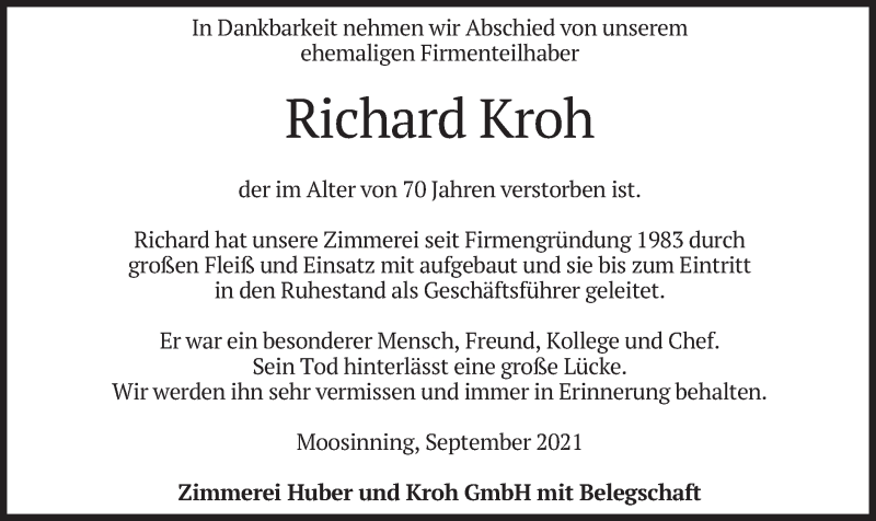  Traueranzeige für Richard Kroh vom 13.09.2021 aus merkurtz