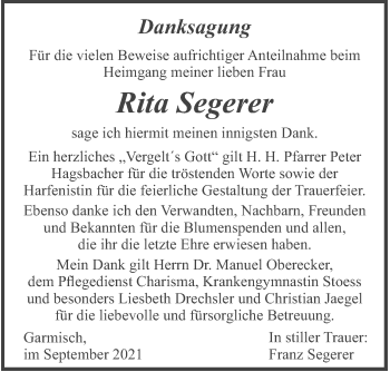 Traueranzeige von Rita Segerer von merkurtz