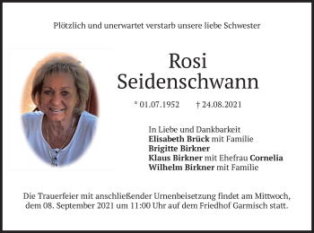 Traueranzeige von Rosi Seidenschwann von merkurtz