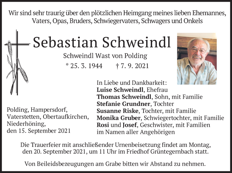  Traueranzeige für Sebastian Schweindl vom 15.09.2021 aus merkurtz