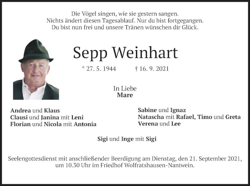  Traueranzeige für Sepp Weinhart vom 18.09.2021 aus merkurtz
