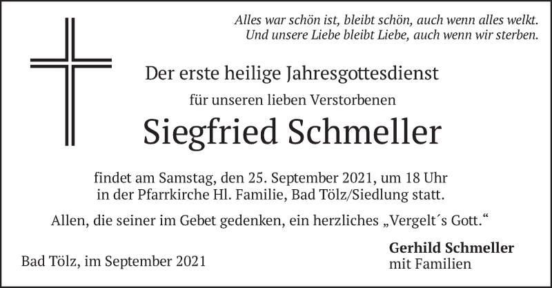  Traueranzeige für Siegfried Schmeller vom 23.09.2021 aus merkurtz