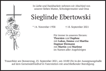 Traueranzeige von Sieglinde Ebertowski