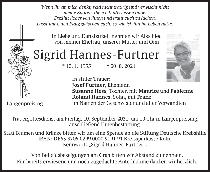  Traueranzeige für Sigrid Hannes-Furtner vom 07.09.2021 aus merkurtz