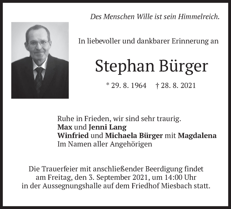  Traueranzeige für Stephan Bürger vom 01.09.2021 aus merkurtz