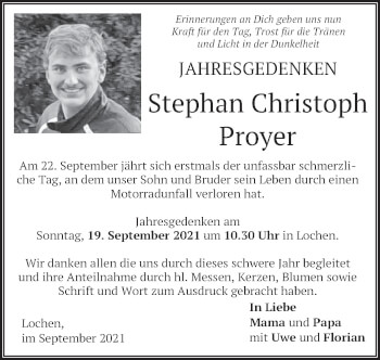 Traueranzeige von Stephan Christoph Proyer von merkurtz