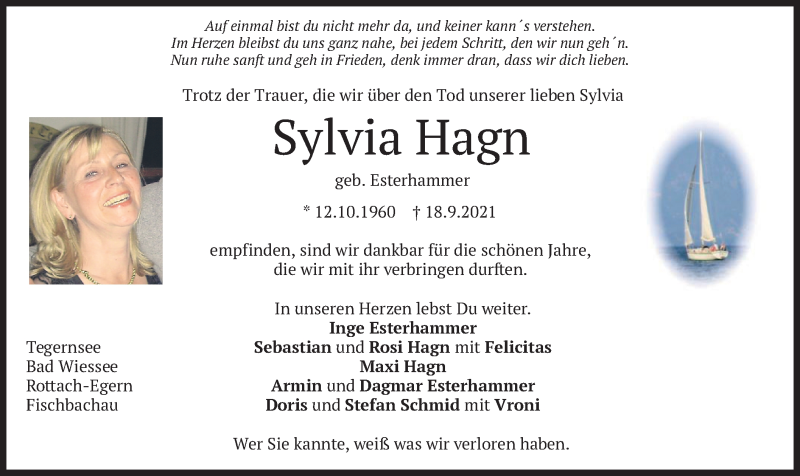  Traueranzeige für Sylvia Hagn vom 21.09.2021 aus merkurtz